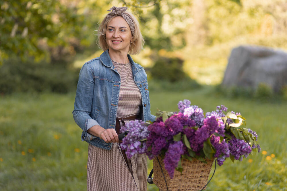 happy middle age woman with purple flowers